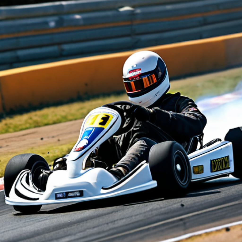 ** A kart drifting around a tight corner on a technical circuit. Focus on the kart's angle, the tire marks, and maybe some sparks or smoke to illustrate the drift. Style: Dynamic, action-oriented.

**