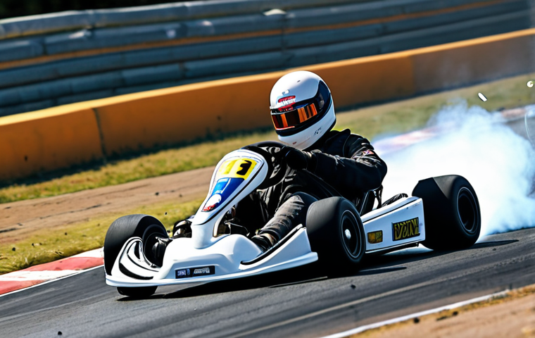 ** A kart drifting around a tight corner on a technical circuit. Focus on the kart's angle, the tire marks, and maybe some sparks or smoke to illustrate the drift. Style: Dynamic, action-oriented.
**