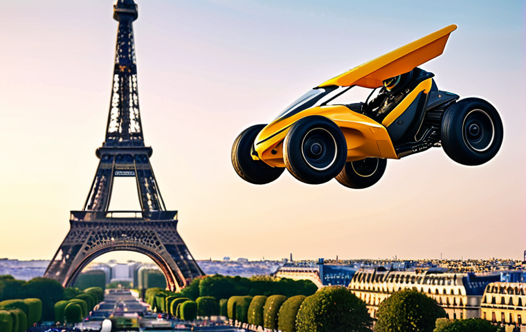 ** "A KartRider kart transforming into a futuristic airplane over the Eiffel Tower in Paris, France. Vibrant colors, clean lines inspired by Malika Favre, incorporating KartRider characters Dao, Bazzi, and Dizni. Fan art evolution concept, celebrating KartRider's legacy."
**
