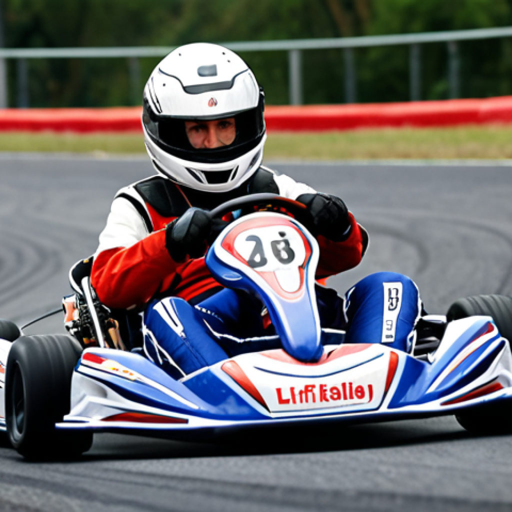 **

> A kart intensely braking before a sharp turn on a karting track. Focus on the weight shift forward. Possibly a slightly blurred background to indicate speed. Action shot.

**