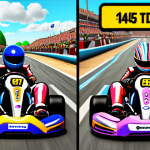 **

A split-screen image. On the left, a brightly colored, cartoonish scene of friends laughing and casually racing karts on a whimsical track, possibly with outlandish kart customizations. On the right, a more serious, focused scene of two KartRider players intensely staring at their monitors during a high-stakes tournament match, with sponsor banners and a crowd in the background. The karts in the competitive scene should appear more streamlined and optimized for performance. The overall tone on the left is playful and carefree, while the right side is tense and determined.

**