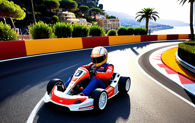 **
Prompt: "KartRider scene, intense drifting around a hairpin turn on a Monaco-inspired track. Focus on the dynamic angle of the kart, sparks from the tires, and a sense of speed. Dramatic lighting, emphasizing the tight corner. French Riviera background, luxury cars in the distance. Kart design inspired by classic French racing aesthetics. Bright, vibrant colors."
**