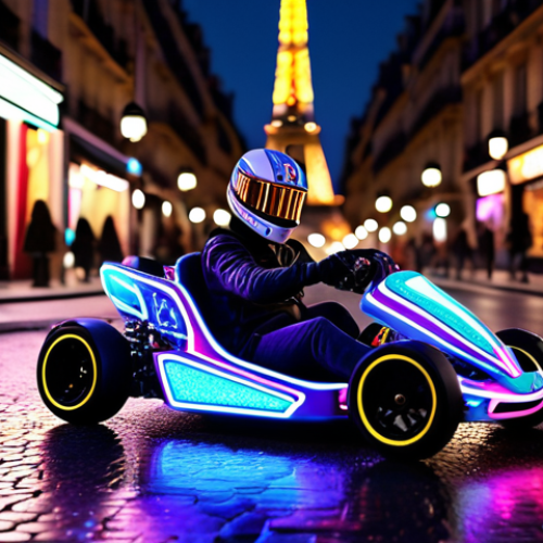 Home 23 **
"A vibrant scene showcasing a customized KartRider kart speeding through a neon-lit Parisian street at night. The kart is brightly colored with unique decals, reflecting the city lights. Eiffel Tower in the background. Focus on the detailed textures and lighting effects. The overall mood should be energetic and stylish, like a trendy ad."
**