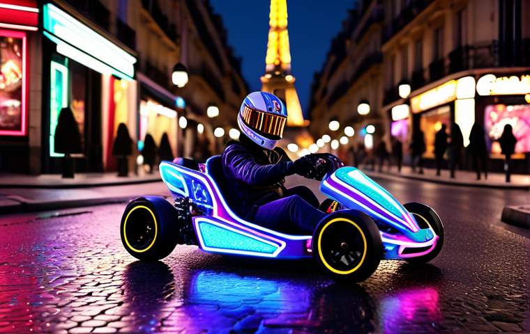 **
"A vibrant scene showcasing a customized KartRider kart speeding through a neon-lit Parisian street at night. The kart is brightly colored with unique decals, reflecting the city lights. Eiffel Tower in the background. Focus on the detailed textures and lighting effects. The overall mood should be energetic and stylish, like a trendy ad."
**