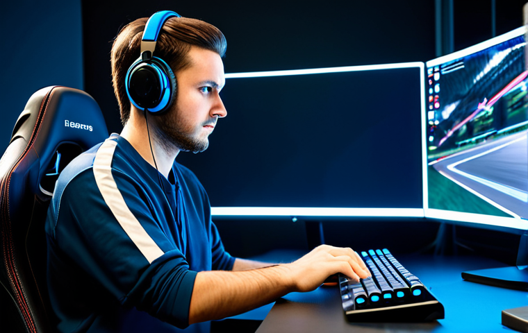 A focused individual, fully clothed in modest professional e-sports attire, seated comfortably at a sleek, modern gaming desk. Their hands are precisely positioned on a high-tech gaming controller, eyes intently fixed on a large, glowing monitor displaying a kart racing game. The background is a clean, well-lit e-sports training room with subtle, futuristic design elements. The atmosphere conveys deep concentration and dedication to mastering complex techniques. Perfect anatomy, correct proportions, natural pose, well-formed hands, proper finger count, natural body proportions. Safe for work, appropriate content, fully clothed, professional.