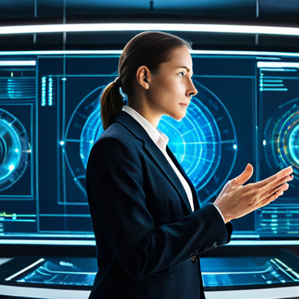 A focused professional, gender-neutral, in a sleek, modest business suit, stands in a brightly lit, futuristic control room, meticulously adjusting a complex holographic interface displaying intricate lines and angles. Their hands are precisely poised, conveying an intuitive mastery over fine adjustments. The atmosphere is one of calm precision and strategic insight. The room is clean, minimalist, and high-tech, with ambient glowing light. fully clothed, appropriate attire, safe for work, perfect anatomy, correct proportions, natural pose, well-formed hands, proper finger count, natural body proportions, professional, high quality, studio lighting, detailed.