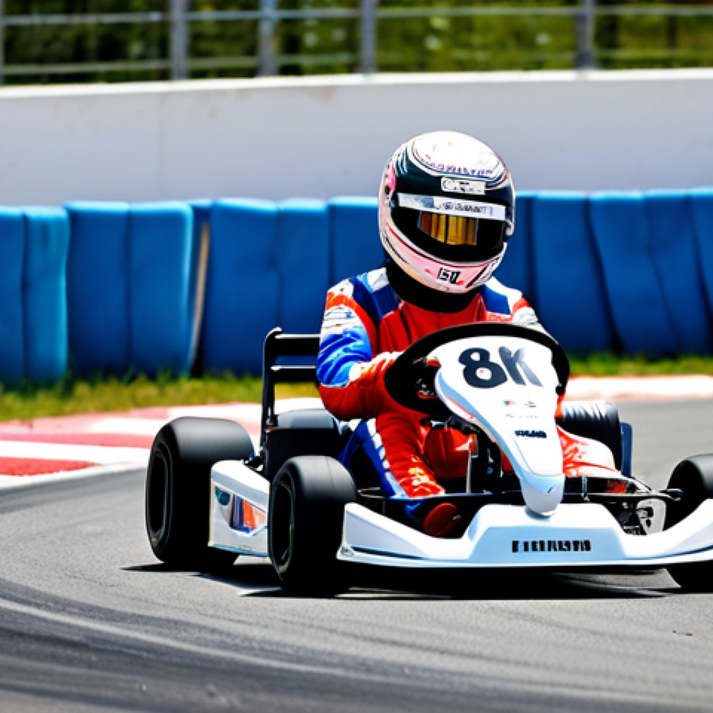 **

"A cheerful young woman, fully clothed in a colorful racing suit (like those seen in Karting competitions in France), helmet on, standing proudly next to a shiny, cartoonish go-kart designed with a French flag theme. Background: A bright, sunny day at a well-maintained outdoor karting track in France, with spectators cheering in the stands. Safe for work, appropriate content, family-friendly, professional, perfect anatomy, natural proportions, high-quality digital art."

**