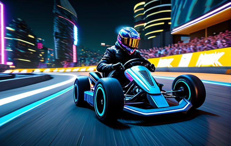 CyberPunk Kart Action**

"A dynamic scene from KartRider featuring the new character, fully clothed in a CyberPunk-inspired skin, aggressively drifting around a sharp corner on a 'CyberPunk' kart. Emphasize speed and maneuverability with motion blur. The background should be a futuristic cityscape track with neon lights and cheering spectators. Safe for work, appropriate content, professional, perfect anatomy, natural proportions, high quality rendering."

**