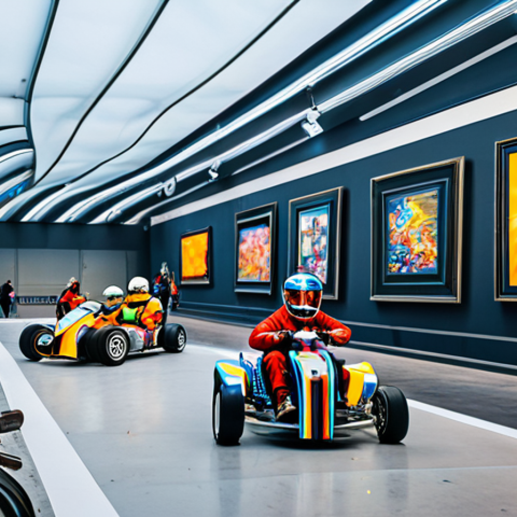 KartRider Fan Art Festival**

"A vibrant and colorful fan art exhibition showcasing KartRider characters Diz, Bazzi, and Marid in diverse artistic styles – manga, cartoon, and realistic. The scene takes place in a modern art gallery in Paris, with people admiring the artwork. Displayed are dynamic race scenes with karts drifting, explosions of color, and intense action. The atmosphere is lively and family-friendly. Focus on creativity, community, and safe for work. Appropriate content, fully clothed characters, professional."

**