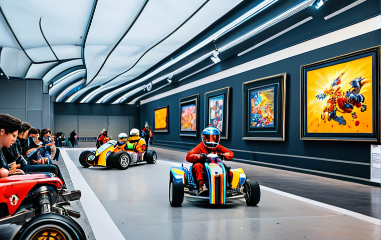 KartRider Fan Art Festival**

"A vibrant and colorful fan art exhibition showcasing KartRider characters Diz, Bazzi, and Marid in diverse artistic styles – manga, cartoon, and realistic. The scene takes place in a modern art gallery in Paris, with people admiring the artwork. Displayed are dynamic race scenes with karts drifting, explosions of color, and intense action. The atmosphere is lively and family-friendly. Focus on creativity, community, and safe for work. Appropriate content, fully clothed characters, professional."

**