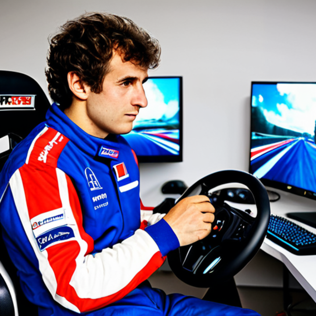 The Rising Star**

"A young, focused French e-sports gamer, perhaps 18 years old, fully clothed in a professional gaming jersey with a French flag detail, sitting in a modern, brightly lit gaming room. He's intently focused on a high-end gaming monitor, hands on a steering wheel peripheral designed for racing games. Behind him, subtly visible, are posters of French racing legends (like Alain Prost or Sebastien Loeb, but stylized for a KartRider aesthetic). Safe for work, appropriate content, professional, family-friendly, perfect anatomy, correct proportions, well-formed hands, natural pose, high quality rendering, realistic lighting."

**