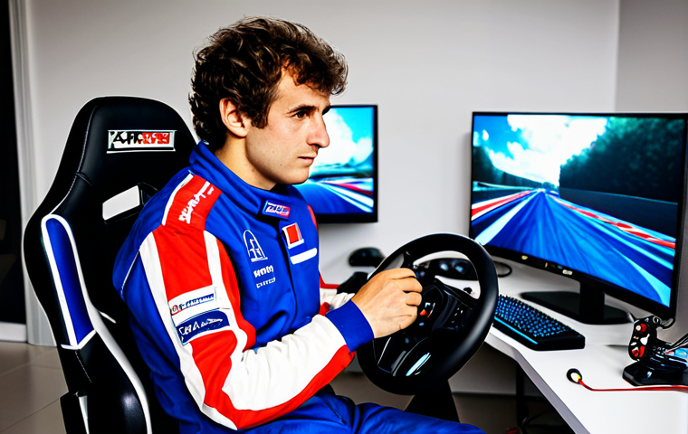 The Rising Star**

"A young, focused French e-sports gamer, perhaps 18 years old, fully clothed in a professional gaming jersey with a French flag detail, sitting in a modern, brightly lit gaming room. He's intently focused on a high-end gaming monitor, hands on a steering wheel peripheral designed for racing games. Behind him, subtly visible, are posters of French racing legends (like Alain Prost or Sebastien Loeb, but stylized for a KartRider aesthetic). Safe for work, appropriate content, professional, family-friendly, perfect anatomy, correct proportions, well-formed hands, natural pose, high quality rendering, realistic lighting."

**