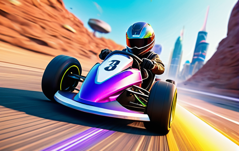 카트라이더 신규 트랙의 재미 요소 - **High-Speed Cosmic Drift on Skyway (Northeu):** A sleek, futuristic **Plasma Comet kart**, glowing ...