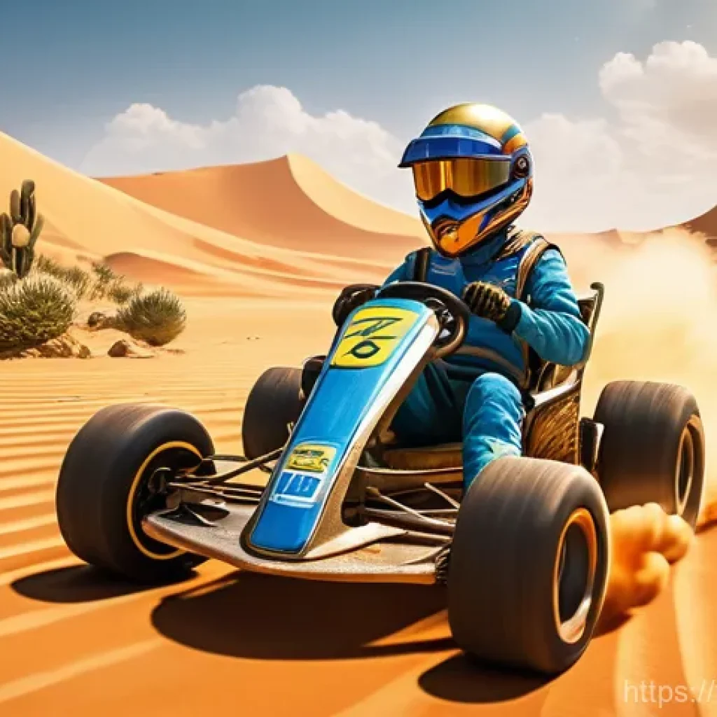 카트라이더 신규 트랙 모음 - A 'Desert Explorer Ethen' character, wearing a rugged, sand-colored racing suit and a protective hel...