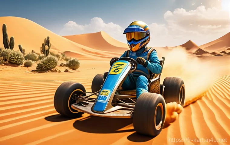 카트라이더 신규 트랙 모음 - A 'Desert Explorer Ethen' character, wearing a rugged, sand-colored racing suit and a protective hel...