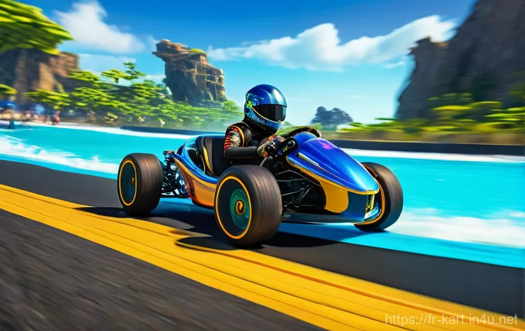 카트라이더 신규 업데이트 실험 - A dynamic, high-speed image of a KartRider Rush+ race, featuring the "Hyperion Sunset" kart. The kar...