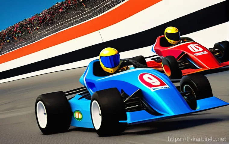 카트라이더 신규 트랙 초보 공략 - **Prompt:** An intense, low-angle action shot focusing on a stylized kart racer (resembling 'Diz' fr...