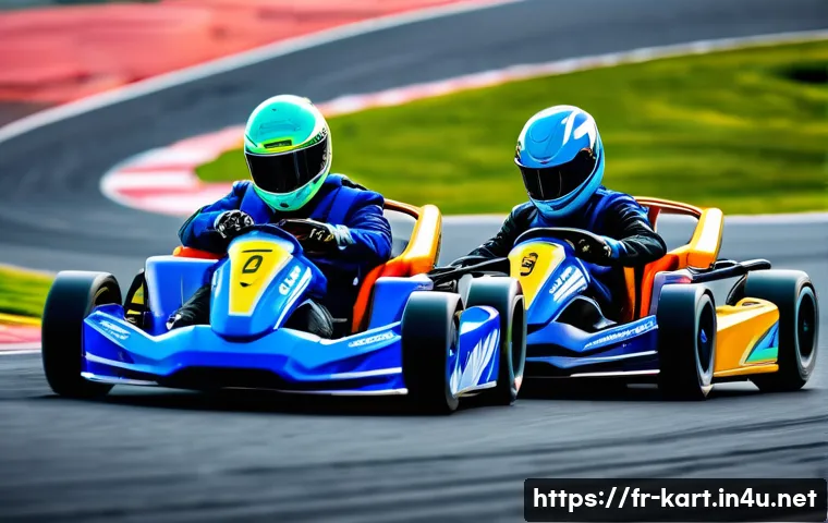 카트라이더 스피드전 팀 조합 - A dynamic, high-speed action shot of a two-person KartRider team executing a perfect synchronized ma...