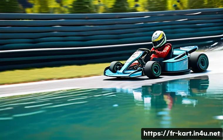 카트라이더 트랙별 랭킹 공략법 - A dynamic kart racing scene on the Blue Lagoon circuit featuring sharp, winding turns next to a spar...