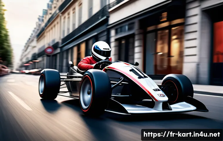 카트라이더 초보자 가이드 영상 - A dynamic racing scene showcasing a sleek, high-speed kart named "Speedster" on a French urban stree...