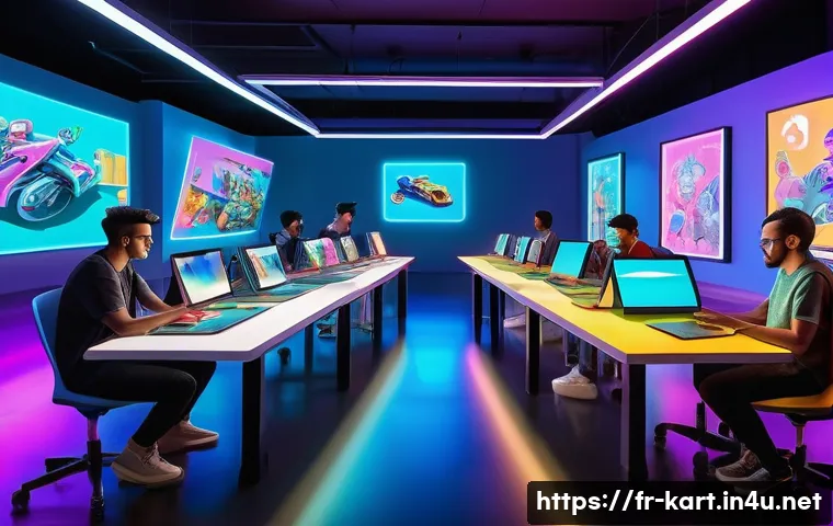 카트라이더 팬아트 대회의 트렌드 분석 - A vibrant digital fan art scene showcasing a diverse group of artists creating KartRider fan art on ...