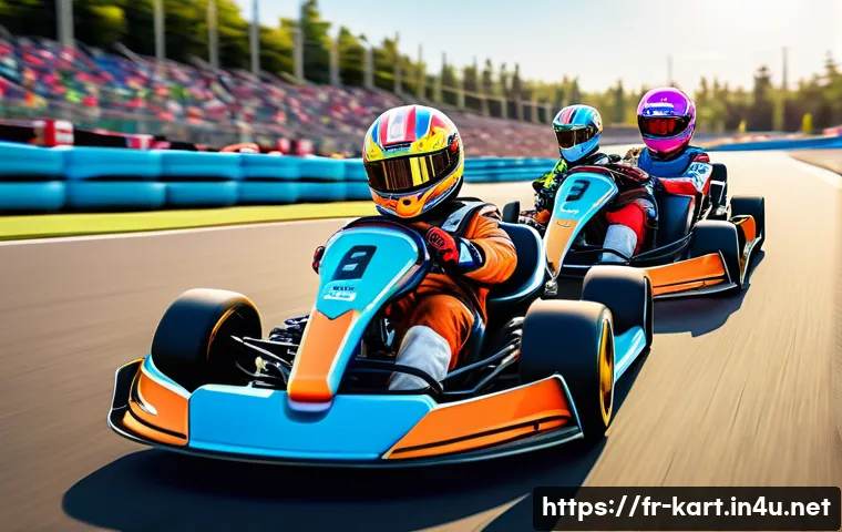 카트라이더 신규 유저를 위한 게임 전략 - A dynamic scene of a KartRider race featuring diverse characters in colorful racing suits and helmet...