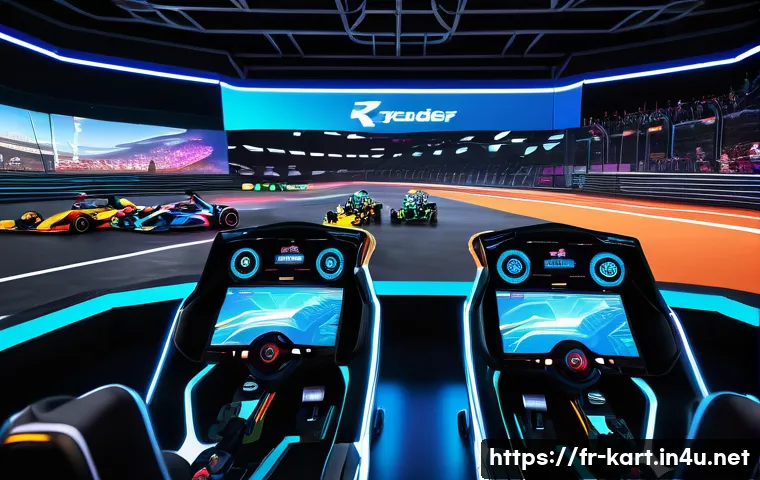 카트라이더 공식 리그 데이터 분석 - A dynamic esports scene featuring professional KartRider players intensely focused in a high-tech ga...