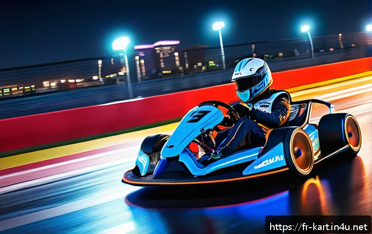 카트라이더 신규 업데이트와 팬아트 조합 - A dynamic nighttime urban kart racing track scene inspired by KartRider, featuring vibrant neon city...