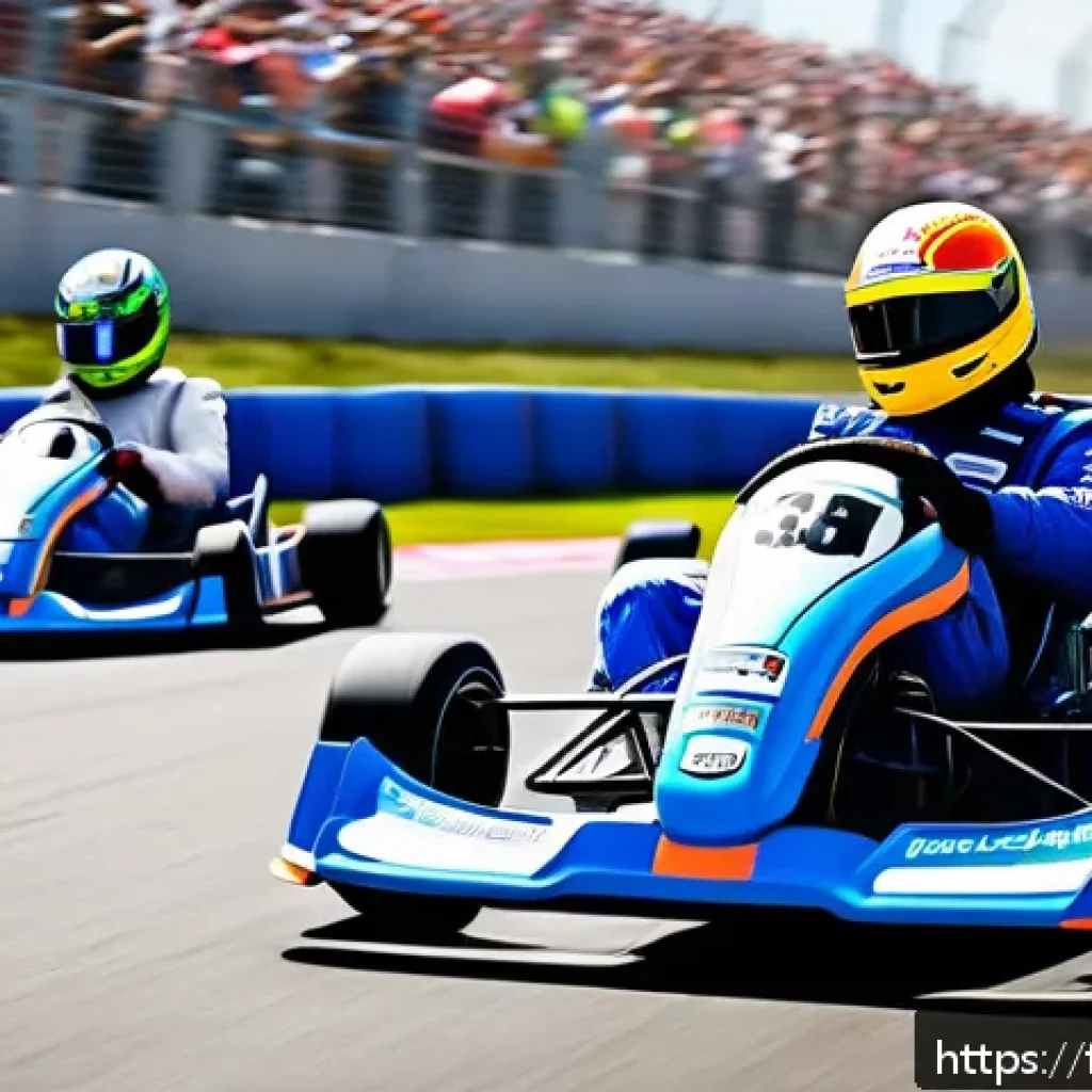 카트라이더 신규 기능 활용 - A dynamic kart racing scene at the start of a race, featuring a diverse group of racers wearing colo...