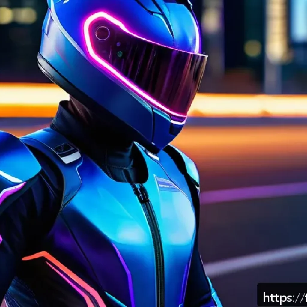 카트라이더 신규 캐릭터 코스튬 소개 - A futuristic racing character wearing a sleek neon-lit suit with metallic textures and glowing blue ...