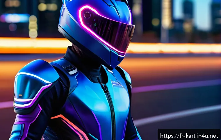 카트라이더 신규 캐릭터 코스튬 소개 - A futuristic racing character wearing a sleek neon-lit suit with metallic textures and glowing blue ...