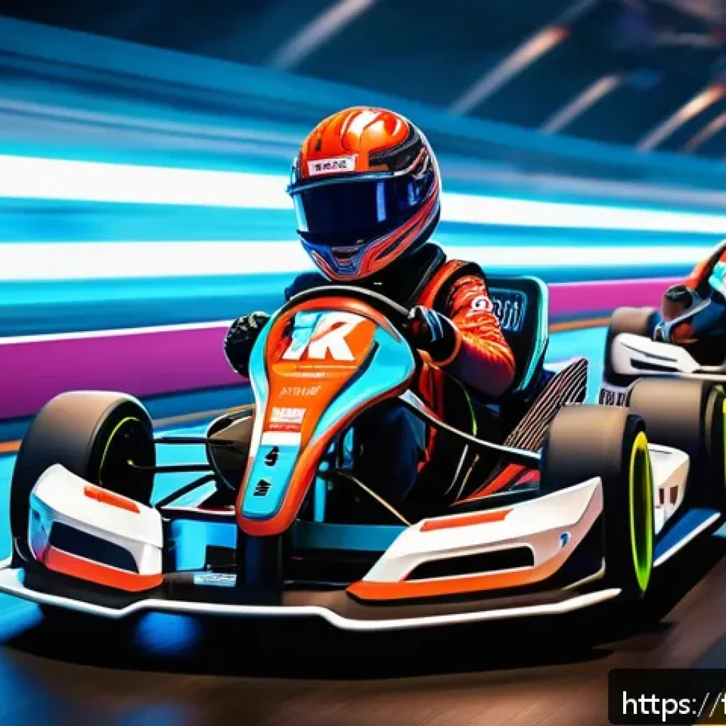 카트라이더 프로 리그 관전 포인트 - A dynamic esports racing scene set in a futuristic indoor kart racing arena, featuring professional ...