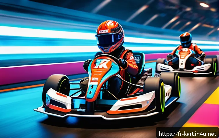 카트라이더 프로 리그 관전 포인트 - A dynamic esports racing scene set in a futuristic indoor kart racing arena, featuring professional ...