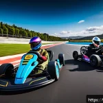 카트라이더 초보 유저와 팀플레이의 재미 - A dynamic team of four diverse young adults racing in colorful go-karts on a vibrant, winding circui...