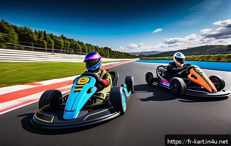 카트라이더 초보 유저와 팀플레이의 재미 - A dynamic team of four diverse young adults racing in colorful go-karts on a vibrant, winding circui...