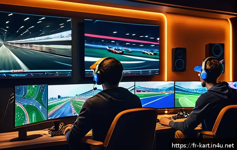 카트라이더 클랜 활동 장점 - A vibrant, dynamic scene of a diverse gaming clan gathered around multiple computer screens in a coz...