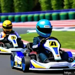 카트라이더 신규 업데이트와 팬아트 대회의 융합 - A dynamic kart racing scene showcasing multiple colorful characters in detailed racing suits and hel...