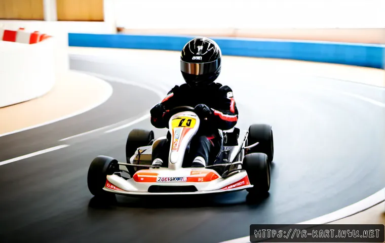 Home 17 카트라이더 초보 유저의 게임 공략 팁 - Photorealistic beginner kart racing scene at a modern French indoor circuit, young adult driver wear...