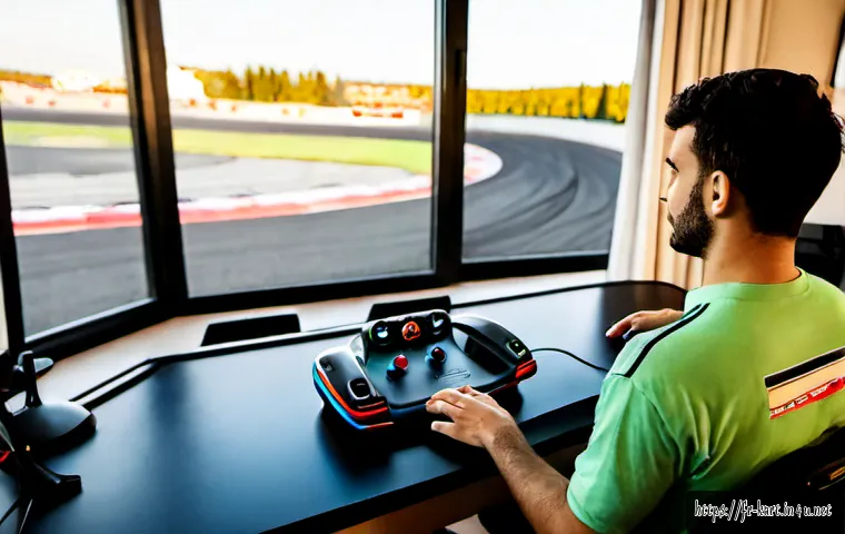 Home 26 카트라이더 트랙 공략 동영상 추천 - Photorealistic French home gaming setup, a focused adult player watching a kart racing track tutoria...