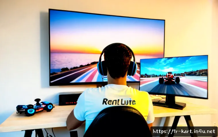 Home 15 카트라이더 신규 트랙 리뷰 - Photorealistic indoor gaming studio in France, a young adult reviewer seen from behind at a clean de...