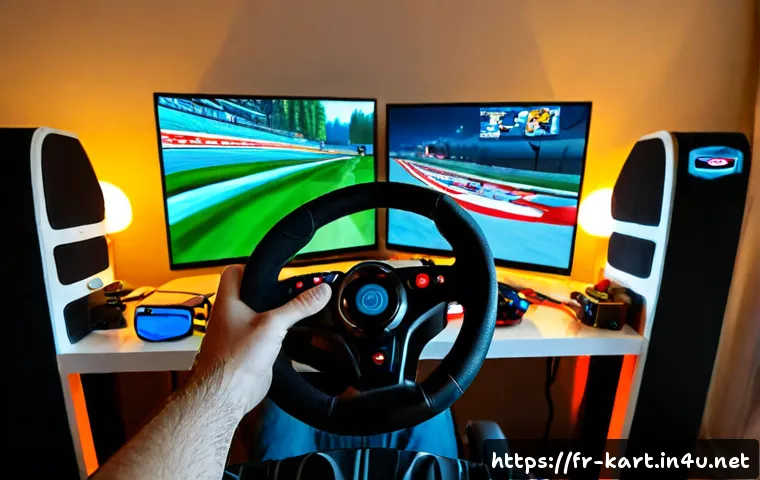 카트라이더 스피드전 팁과 요령 - Photorealistic French gaming enthusiast at a tidy home desk, hands on a racing steering wheel contro...