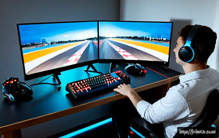 카트라이더 스피드전 타임 어택 방법 - Photorealistic esports time-attack racing setup in a modern French apartment, focused young adult ga...