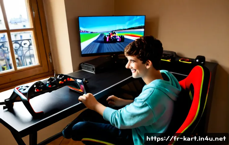 카트라이더 신규 유저와 게임 스타트 팁 - Photorealistic French teenage gamer in modest casual clothing sitting at a tidy home desk, holding a...