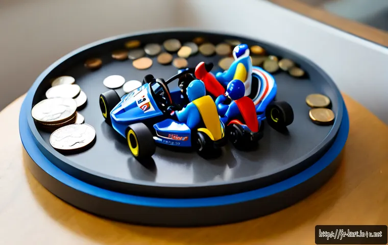 카트라이더 경매 시스템 이해 - Photorealistic tabletop scene explaining a kart racing game auction system, colorful miniature go-ka...