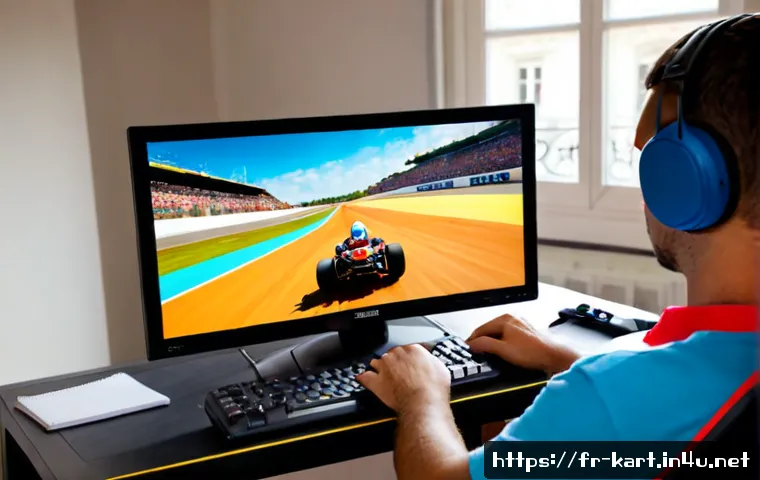 카트라이더 리플레이 분석하는 법 - Photorealistic home desk scene of a French gaming enthusiast analyzing a colorful kart racing replay...