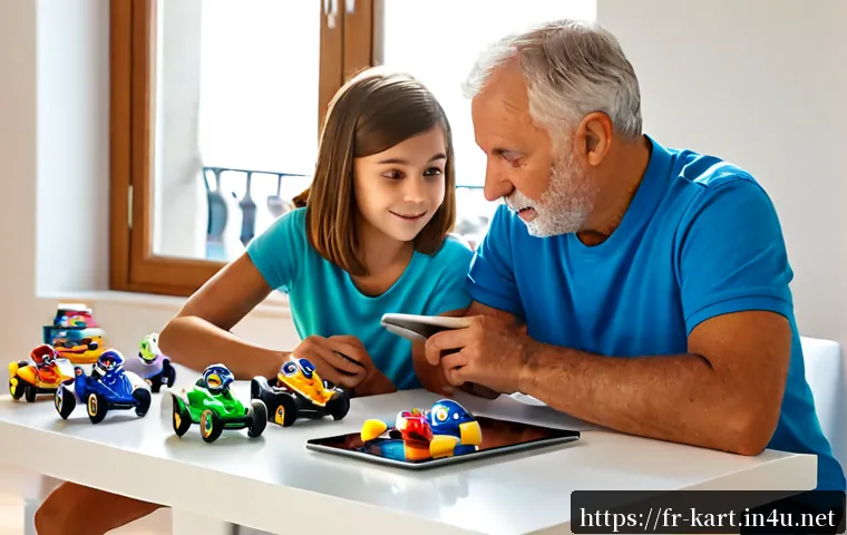 카트라이더 캐릭터 계급 체계 - Photorealistic tabletop scene in a bright French family living room, an older adult and teenager com...