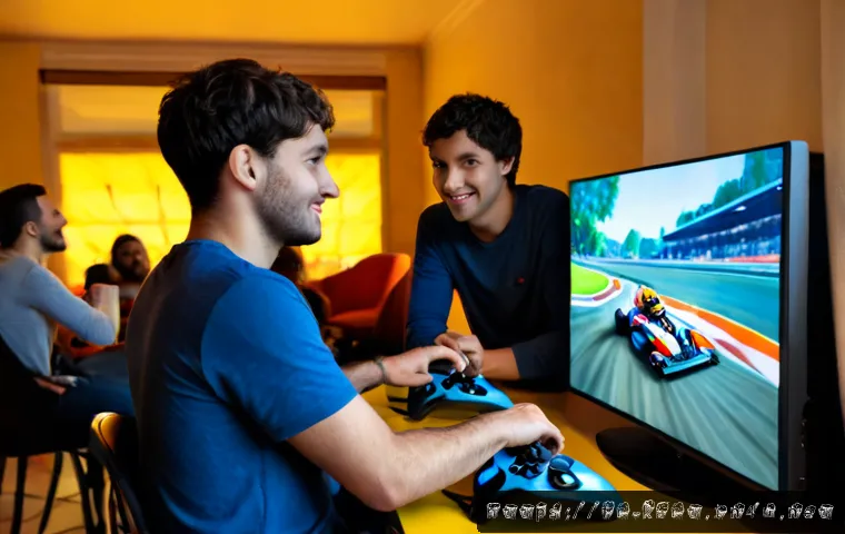 카트라이더 글로벌 커뮤니티 추천 - Photorealistic French gaming café in Paris, diverse young adult friends gathered around a large moni...