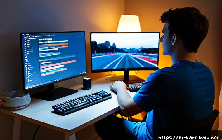 카트라이더 해외 서버 접속 방법 - Photorealistic French gaming setup in a Paris apartment, young adult wearing casual clothes seated a...