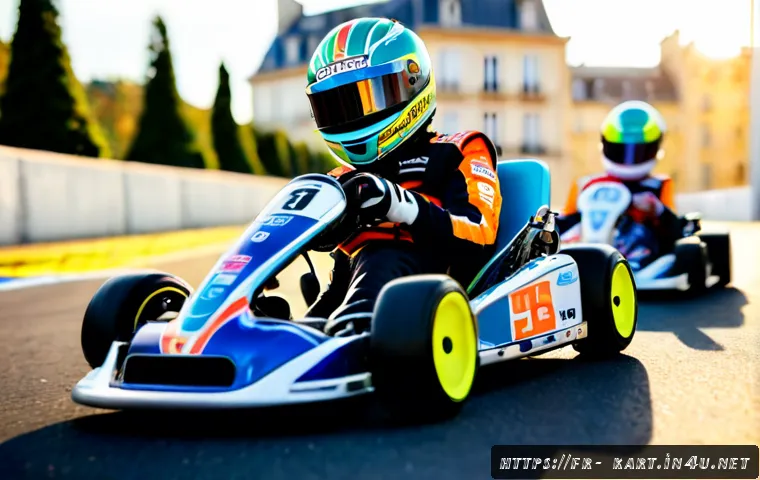 Home 17 카트라이더 신규 업데이트 예고 - Photorealistic colorful kart racing game update concept, sleek miniature race kart parked at the sta...
